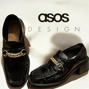 ASOS DESIGN Black Shiny Vegan Alligator Gold Chain Snaffle Chunky Heel Loafer